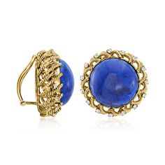 Ross-Simons - C. 1970 Vintage Lapis, .55ct t. w. Diamond Clip-On Earrings in 14kt Yellow Gold. C. 1970. Truly stunning! These eye-catching Estate collection clip-on earrings tout the tasteful blue hue of sizable 18mm round lapis cabochons, as .55 ct. t. w. round diamonds in 14kt white gold twinkle around the twisted 14kt yellow gold borders. Natural pyrite flecks in lapis will vary. Clip-on, diamond and lapis earrings. Exclusive, one-of-a-kind Estate Jewelry. Lapis Jewelry, Lapis Earrings, Lapis Lazuli Jewelry, Heirlooms Jewelry, Geometric Ring, Natural Gold, Earrings In Gold, Chic Jewelry, Fine Jewellery Earrings