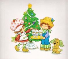 two children standing next to a christmas tree