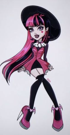 a drawing of a girl with long pink hair and black boots, wearing a hat