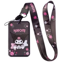 a lanyard with a cartoon character on it and pink stars around the lanyard