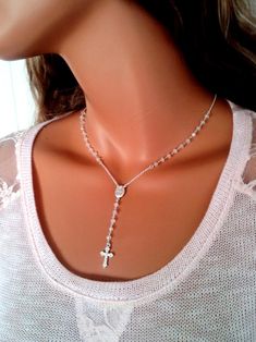 Rosary Necklaces Sterling Silver Moonstone Necklace Womens | Etsy Silver Diamond Cross Necklace, Rosary Necklaces, 14kt Gold Jewelry, Rosary Cross, Moonstone Gemstones, Silver Rosary, Gold Rosary, Clean Sterling Silver, Cross Necklaces