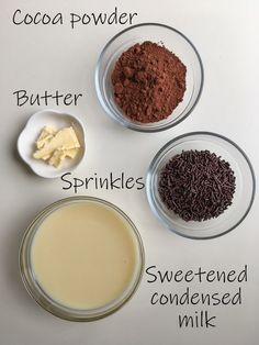 ingredients to make chocolate cake in bowls on a white surface with words describing the ingredients