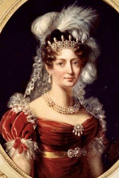 an old portrait of a woman in a red dress and tiara with feathers on her head