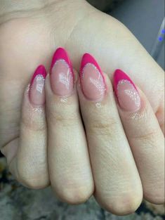 Fuisha Pink Nails, Nails For A Hot Pink Dress, Buchi Fresa Wallpapers, Hot Pink Glitter French Tip Nails, France Nails Style, Fiusha Nails, Nails Fucsia Hot Pink, Nail Art Fucsia, Acrylic Nails Hot Pink