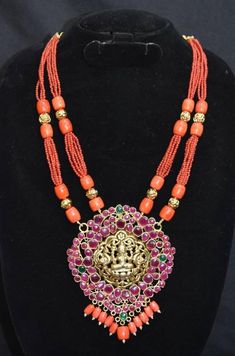 Luxurious laxmi Temple pendent with real coral mala.product-temple jewellery pendentfinish-antiquebeads-coral(munga,pagdam)