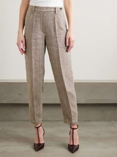 Elegant Neutral Dress Pants, Elegant Neutral Straight Dress Pants, Elegant Relaxed Fit Linen Pants, Formal Neutral Straight Leg Bottoms, Formal Straight Leg Bottoms In Neutral Color, Elegant Neutral Bottoms With Welt Pockets, Elegant Formal Neutral Bottoms, Elegant Beige Pants With Relaxed Fit, Elegant Ankle-length Neutral Bottoms