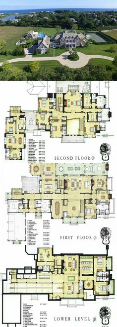 an aerial view of the floor plan for a house with two floors and three levels