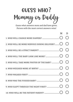 a printable question card with the words guess who mommy is daddy