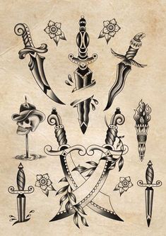 Dagger Drawing, Traditional Dagger Tattoo, Traditional Tattoo Black And White, Traditional Dagger, Traditional Black Tattoo, Traditional Tattoo Old School, Flash Tattoo Designs, Old School Tattoo Designs