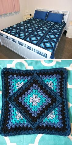 there is a crocheted bedspread with blue and black designs on it