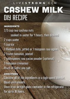 a mason jar with instructions on how to make homemade cashew milk for the recipe