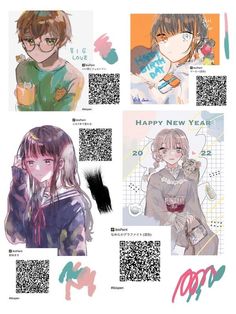 an image of some anime characters with qr code in the background and text that says happy new year