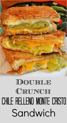 two grilled cheese sandwiches stacked on top of each other with the words, double crunch chile