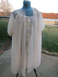 bust 20 x2 36" long chiffon on robe no snags great condition size m Sheer Cream Nightgown For Wedding Night, Vintage Cream Sheer Nightgown, Cream Sheer Nightgown For Sleep, Sheer Cream Nightgown For Sleep, Sheer Nightgown For Wedding Night In Spring, Fitted Sheer Cream Nightgown, Sheer Robe For Wedding Night In Spring, Spring Wedding Night Sheer Robe, Sheer Nightgown For Spring Wedding