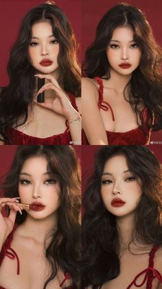 Asian With Red Lipstick, Red Makeup Inspo Aesthetic, Elegant Red Makeup, Red Lip Makeup Look Asian, Prom Makeup For Red Dress Glam, Makeup To Go With Red Dress Simple, Red Dresses Makeup Ideas, Douyin Makeup Red Lip, Dark Red Prom Makeup