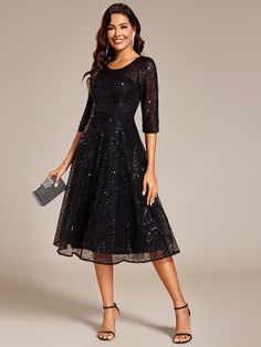 Shine at any wedding with this 3/4 Sleeve Sparkly Sequin Round Neck Midi Wedding Guest Dress. The shimmering sequin design adds a dazzling touch, while the classic round neckline and 3/4 sleeves create a sophisticated silhouette. The midi length ensures elegance and ease of movement, making it perfect for formal celebrations or evening events. Fit: Please refer to size chart. Length: Midi length. Sleeve Style: 3/4 sleeves. Closure: It is concealed a zipper up the back. Undergarments: It is not p Midi Wedding Guest Dress, Black Tie Party, Prom Dresses Sleeveless, Sequin Midi Dress, Sequin Evening Dresses, Sequin Design, Guest Dress, Black Prom Dresses, Stunning Dresses