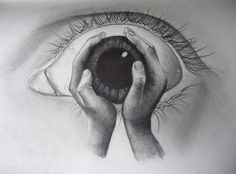 a drawing of two hands holding an eye