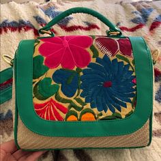 Small Tote Bag Beautiful Vibrant Color Made In Mexico Synthetic Never Worn Detachable Adjustable Strap Very Spacious Green Embroidered Vacation Bags, Green Embroidered Bags For Vacation, Embroidered Green Bags For Vacation, Spring Green Floral Embroidered Shoulder Bag, Summer Green Bags With Floral Embroidery, Green Rectangular Shoulder Bag With Floral Embroidery, Spring Multicolor Shoulder Bag With Floral Embroidery, Summer Green Floral Embroidery Bags, Casual Green Embroidered Shoulder Bag