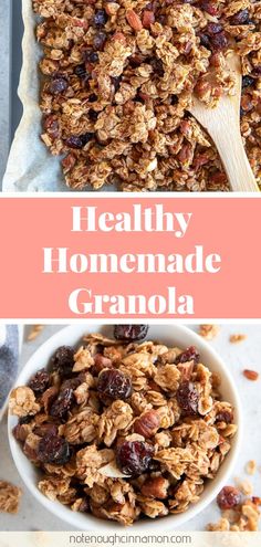 healthy homemade granola in a white bowl with nuts and raisins