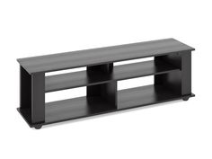 Black wood TV stand for TVs up to 75 inches, featuring a sleek modern design with open shelving and two cabinet doors for storage, accented with silver handles and a smooth matte finish. Elevated Homes, Wooden Tv Stands, Wood Tv Stand, Bar Shelf, Beautifully Organized, Wood Tv, Tv Stand Wood, Stylish Living Room, Modern Interiors