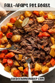 a pot roast with potatoes and carrots is shown in a white bowl on a table