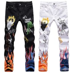 Skull Graffiti, Men Personality, American Street Fashion, Mens Stretch Jeans, American Streetwear, Black And White Jeans, American Street Style, Mens Designer Jeans, Punk Pants