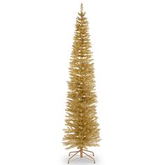 a gold tinsel christmas tree on a stand