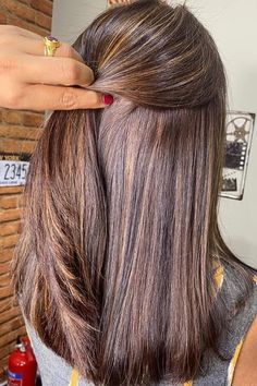 Woman with long brown hair and honey highlights. Hair With Honey Highlights, Brown Hair With Honey Highlights, Hairstyles With Highlights, Sunkissed Balayage, Honey Highlights, Brown Hairstyles