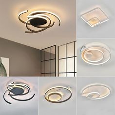 four different types of modern lighting fixtures in various shapes and sizes, including the circular light fixture