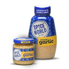 two jars of spice and garlic next to each other on a white background with the words spice world printed on it