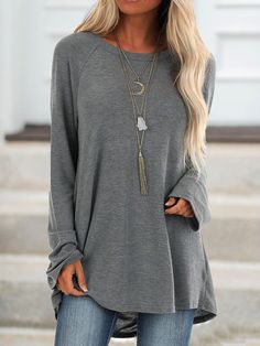 Jersey Casual Raglan Sleeve Crew Neck Long Sleeve Tops is fashionable and cheap, come to Justfashionnow to find out about the Clothing Loose Dress Pattern, Loose Fit Shirts, Round Neck Shirt, Knit Tunic, Blouse Fabric, Outfit Casual, Long Sleeve Casual, Casual Outfit, Women Long Sleeve