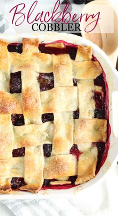 a homemade blackberry cobbler in a white dish