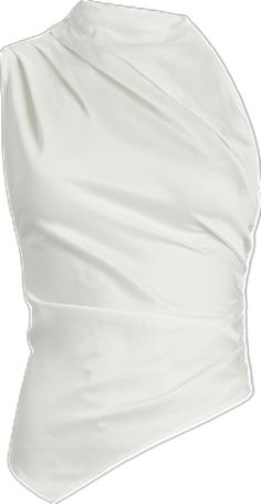 Chic White Draped Top, White Tops With Asymmetrical Neckline For Evening, White Asymmetrical Top For Formal Occasions, Spring Satin One-shoulder Top, Spring Satin Top With Asymmetrical Neckline, Elegant White One Shoulder Top For Spring, White Fitted Draped Top, Fitted Satin Top With Asymmetrical Neckline, Satin Top With Asymmetrical Neckline For Summer