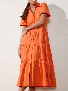 Dress Construction, Havana Dress, Bright Orange Dress, Brochu Walker, Dress Fabrics, Mini Hoop Earrings, Easy Breezy, Everyday Dresses, Shades Of Orange