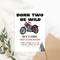 a birthday card with an image of a motorbike on the front, and text that reads born two be wild