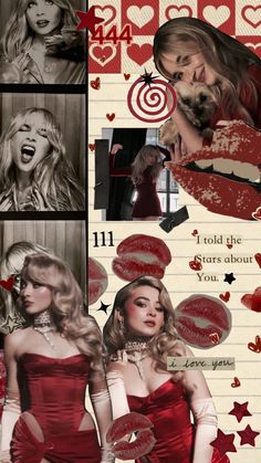 a collage of photos with red lipstick and stars on the bottom right side, an image of a woman in a red dress holding a dog