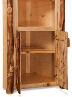 a wooden cabinet with two open doors