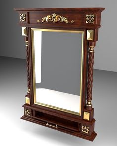 an ornate wooden mirror with gold trimmings on the edges and sides, in front of a gray background