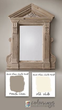 a mirror and some paint swatches on a wall with the words french linen below it