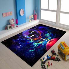 a rug with a cartoon character on it in a child's room next to toys