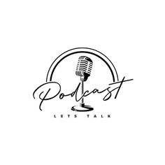 a black and white logo with the word podastt on it, in front of a microphone