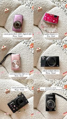 several different types of cameras sitting on top of a white bed with pink and red flowers