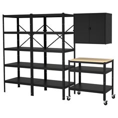 two black shelving units next to each other with one shelf on the opposite side