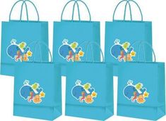 six blue bags with cartoon animals on them