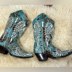 Bodacious Boot Co All Leather Boot. The Lining Is Genuine Calf Leather And The Rest Is All Goat Leather. These Boots Are So Detailed And Unique. Turquoise And White With A Distressed Look To Them. Leather Inlay. Angel Wing Design. All Leather Soles And Heel As Well. Size 7.5. These Are In Excellent Condition. Angel Wings Design, Boho Boots, Western Boho, Goat Leather, Cowgirl Boots, Shoes Heels Boots, Leather Boots, Calf Leather, Shoes Women Heels