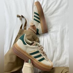 Gazelle Bold Cream And Green. Worn 2x. In Excellent, New Condition. Size 6.5 Women’s. May Fit A 7! Only Reasonable Offers Accepted. Adidas Gazelle Bold Cream Green, White Gazelle Adidas Outfit, Adidas Gazelle Beige, Adidas Gazelle Green, Adidas Gazelle Outfit, Adidas Gazelle Bold, Gazelle Adidas, Gazelle Bold, Bold Shoes