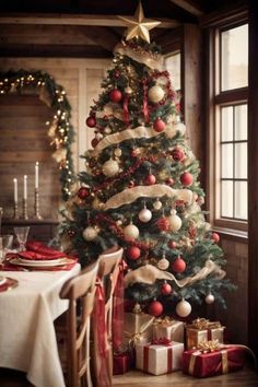 a decorated christmas tree with presents under it