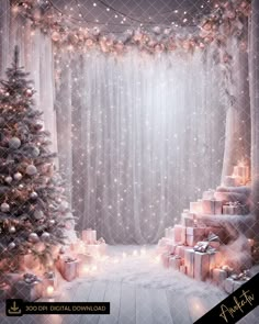 an image of a christmas scene with presents on the floor and lights in the background