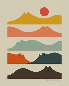 an image of mountains and hills with the sun in the sky above them on a beige background