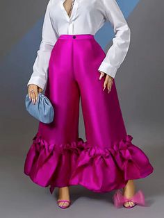 Women's High Waist Loose Design Ruffle Wide Leg Pants Long Pants High Waist Flare Pants, Look Rose, Winter Typ, Afrikaanse Mode, Party Pants, Ruffles Fashion, Casual Wide Leg Pants, Flare Trousers, Looks Chic